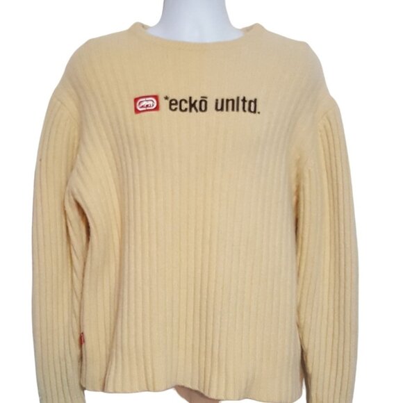 ecko Other - ecko Vintage Mens Long Sleeve Sweater Heavy Ribbed Ivory Spell Out Lambswool XL